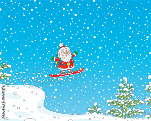 Santa Claus snowboarder flying with Christmas gifts in his magic bag, vector cartoon illustration