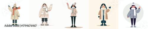 vector woman waving hand in thick winter clothes