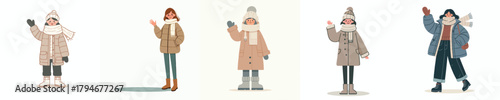vector woman waving hand in thick winter clothes