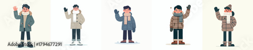 vector man waving hand in thick winter clothes