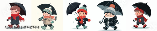 vector of a little boy walking with an umbrella in winter