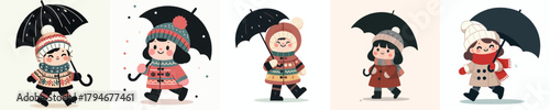 vector of a little girl walking with an umbrella in winter