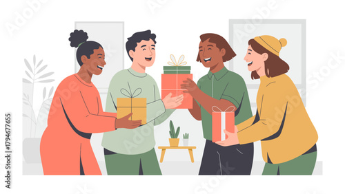 Gift Exchange: A group of friends joyfully exchanging presents, capturing the spirit of generosity, friendship, and the delight of sharing. 