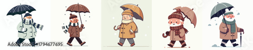 vector of a grandfather walking with an umbrella in winter