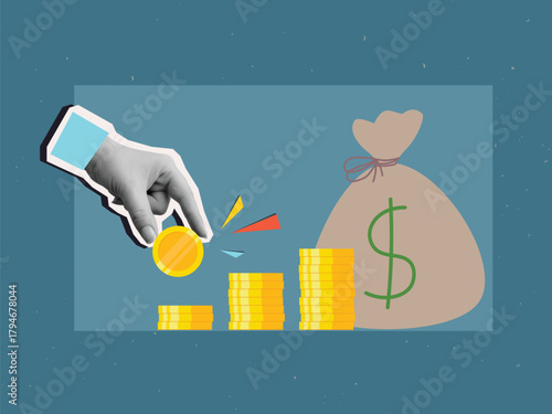 The hand places the coin in the row with a money bag on background. Modern photo collage style. Vector illustration