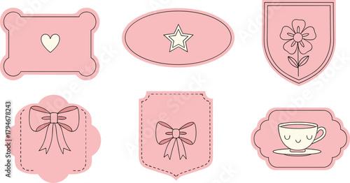 Pink decorative label, ornate tag design, heart star flower motif, bow illustration artwork, scalloped edge badge, vintage teacup decorative frame