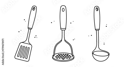 Hand-drawn doodle illustration of a kitchen utensil set featuring a spatula, potato masher, and ladle in a minimalist black line art style