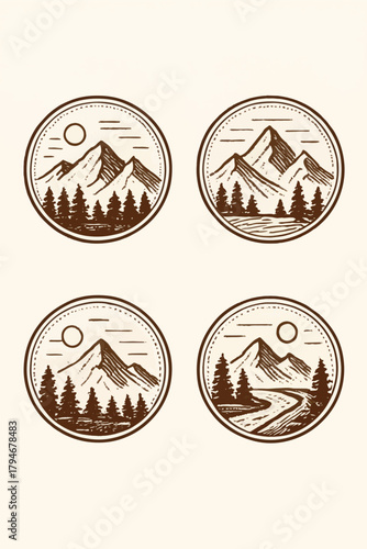 Collection of four circular vintage-style landscape illustrations featuring mountains, pine trees, and rivers, perfect for logos and badges