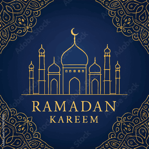 Beautiful Islamic art featuring a golden mosque silhouette with intricate floral border for Ramadan Kareem greetings, celebrating the holy month with elegance and tradition