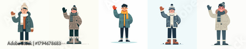 vector man waving hand in thick winter clothes