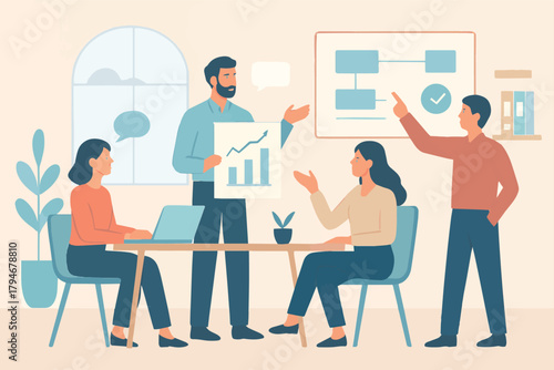 Business meeting in an office with colleagues discussing charts and plans on a whiteboard