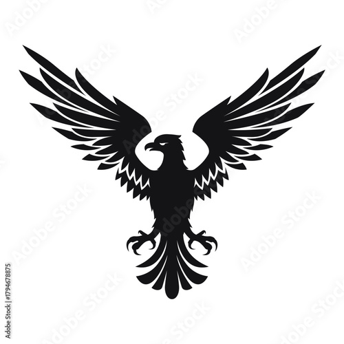 A stylized symbol of a heraldic eagle or hawk with widely spread wings. The black silhouette emphasizes the bird s strength and majesty, making it ideal for logos and emblems.