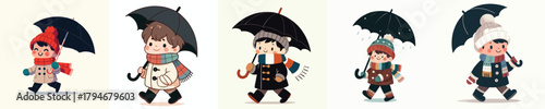 vector of a little boy walking with an umbrella in winter