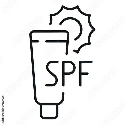A vector icon of an SPF sunscreen bottle with a sun symbol. This design focuses on sun protection and is perfect for summer advertising campaigns and outdoor activity guides.