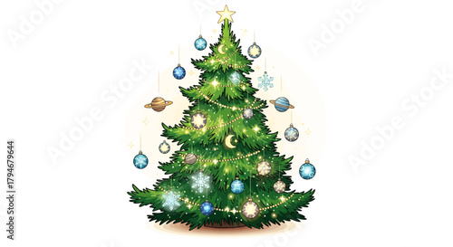 Whimsical Christmas tree with space ornaments and glowing lights for a festive holiday season, perfect for kids' designs and imaginative holiday projects