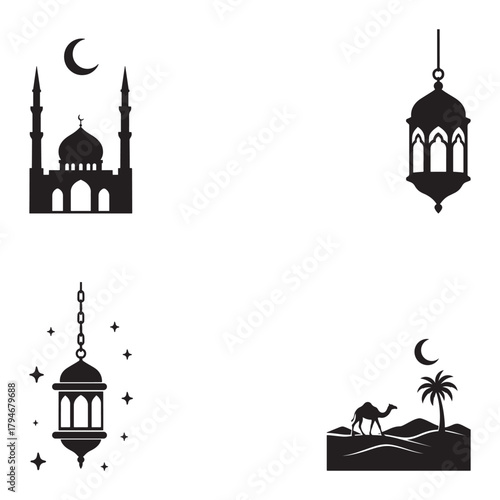 Ramadan Eid Islamic Vector Bundle – Mosque, Lanterns, Crescent Moon, Desert Camel Silhouette Icons