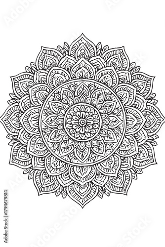 Intricate Black and White Mandala Design for Relaxation and Meditation, Featuring Detailed Geometric Patterns