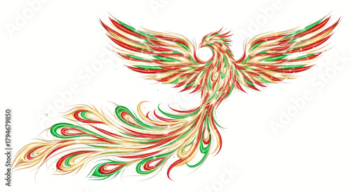 Elegant phoenix illustration shimmers with festive red, green, and gold accents against a clean white background, perfect for holiday designs