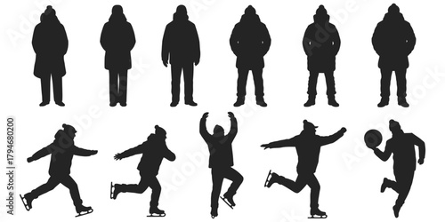 Winter Silhouettes People in Coats Ice Skating and Playing with a Ball