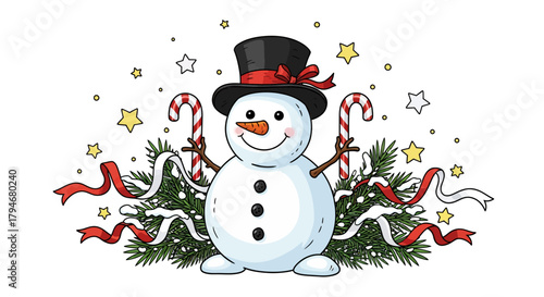 Festive snowman with candy canes and a top hat ready for holiday cheer, perfect for Christmas cards, party invites, and winter designs