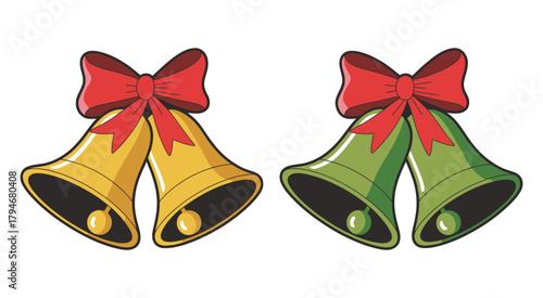 Cheerful golden and green holiday bells with red bows, perfect seasonal decoration