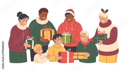 Family Gift Exchange: A heartwarming gathering of a diverse family, each member joyfully exchanging gifts, embodying the spirit of togetherness and celebration.