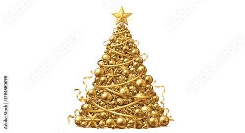 Elegant golden Christmas tree with star topper celebrates holiday cheer and brings a touch of sophisticated sparkle to your festive designs