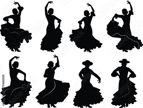 Flamenco dancer silhouettes, Spanish dance poses, traditional motion, black design, cultural vector, expressive stance, flowing dress, rhythm art, elegant movement