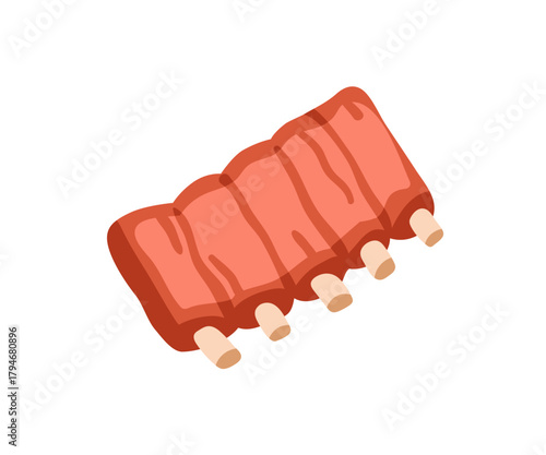 Ribs, bbq meat. Barbecue pork on bones. Fresh raw red butcher food icon, fat beef snack for cooking. Uncooked ingredient, butchery eating. Flat vector illustration isolated on white background