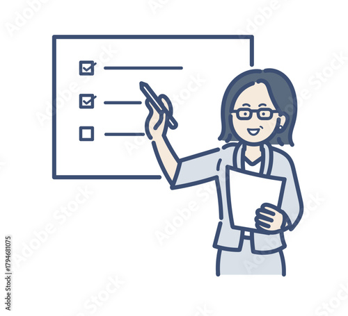 プレゼンやセミナー、研修を行う40代女性のイラスト