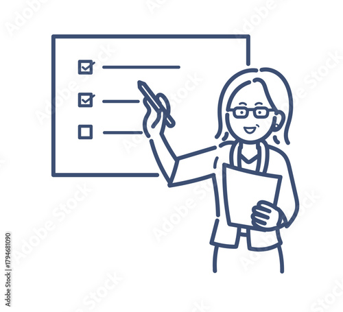 プレゼンやセミナー、研修を行う40代女性のイラスト　線画のみ