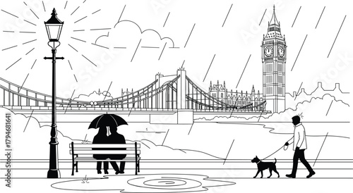 London rainy day silhouette illustration, Big Ben clock tower suspension bridge couple under umbrella walking dog puddle clouds vector artwork