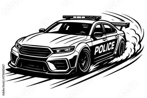 high-speed police interceptor drifting through a turn, wide-body kit and tire smoke