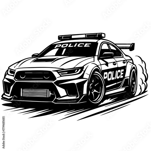 modern wide-body police car sliding in pursuit, exposed intercooler and dynamic motion lines