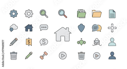A colorful collection of flat design line icons for web and mobile user interface design, including common symbols for settings, search, and navigation