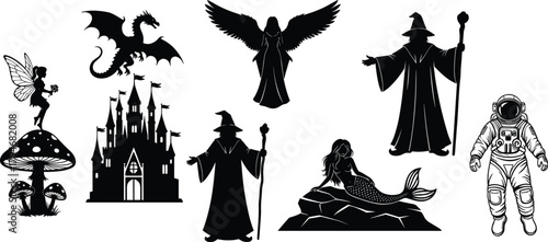 Fantasy silhouette illustration, fairy with flower dragon flying castle wizard with staff angel wings mermaid on rock astronaut in space