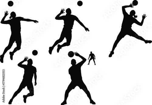 Volleyball silhouettes, spike motion, serve pose, jump action, sport vector, black design, ball hit, athletic stance, dynamic movement