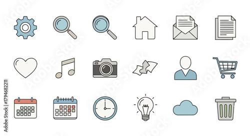 A collection of flat design icons representing various concepts including business, technology, and lifestyle for digital and print use