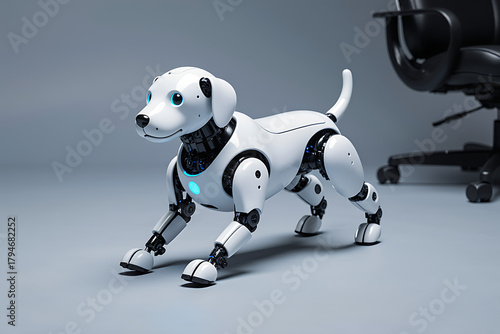 Wallpaper Mural Futuristic robotic dog with bright blue eyes stands on a sleek floor, hinting at advanced technology and companionship. Torontodigital.ca