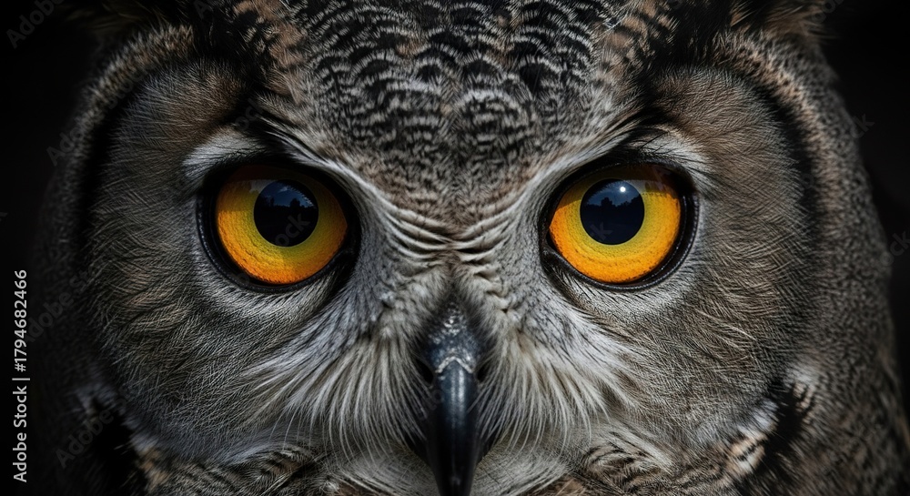 Obraz premium Fine art close-up of an owl’s eye glowing in moonlight, dark cinematic tone, emotional surrealism