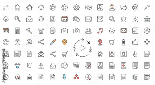 Set of 84 Thin Line Icons Representing Various Concepts, Activities, and Objects