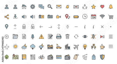 A Comprehensive Collection of Various User Interface and Web Design Icons in a Colorful and Modern Style