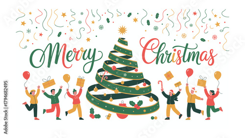 Festive Gathering: A joyous group gathers for a merry Christmas, celebrating beneath a vibrant Christmas tree with presents and balloons.