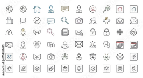 Universal linear icon pack with symbols for office, user profile, communication, and security concepts
