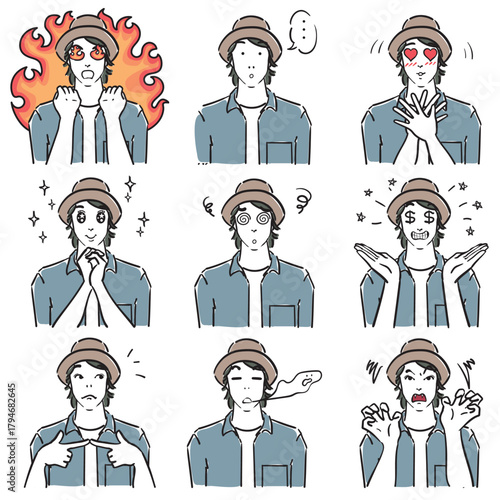 ハットを被った男性の表情いろいろ　コミカル