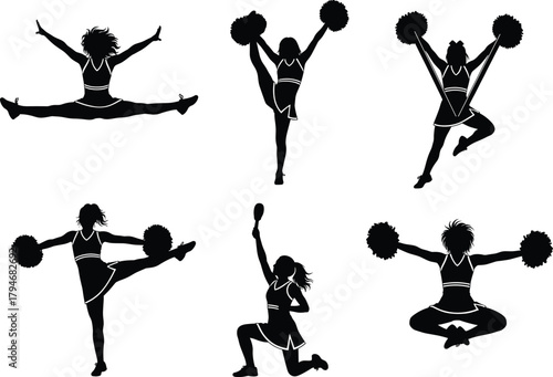 Cheerleader silhouettes, pom-pom poses, high jump, split kick, sport vector, black design, dynamic motion, team spirit, dance energy