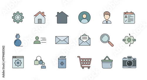 Versatile set of colorful flat line icons for web and mobile application UI design, representing various business and digital services