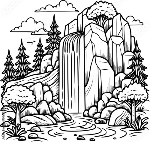 Waterfall in forest with rocks and trees, nature coloring book art, outline style line art vector line art vector art black and white