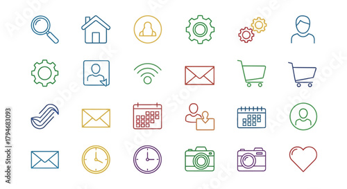 Vibrant collection of modern line art icons, featuring essential user interface elements for web, mobile, and digital applications, perfect for contemporary graphic design projects