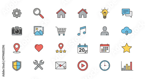 Collection of colorful flat line icons for web design and mobile application user interface elements